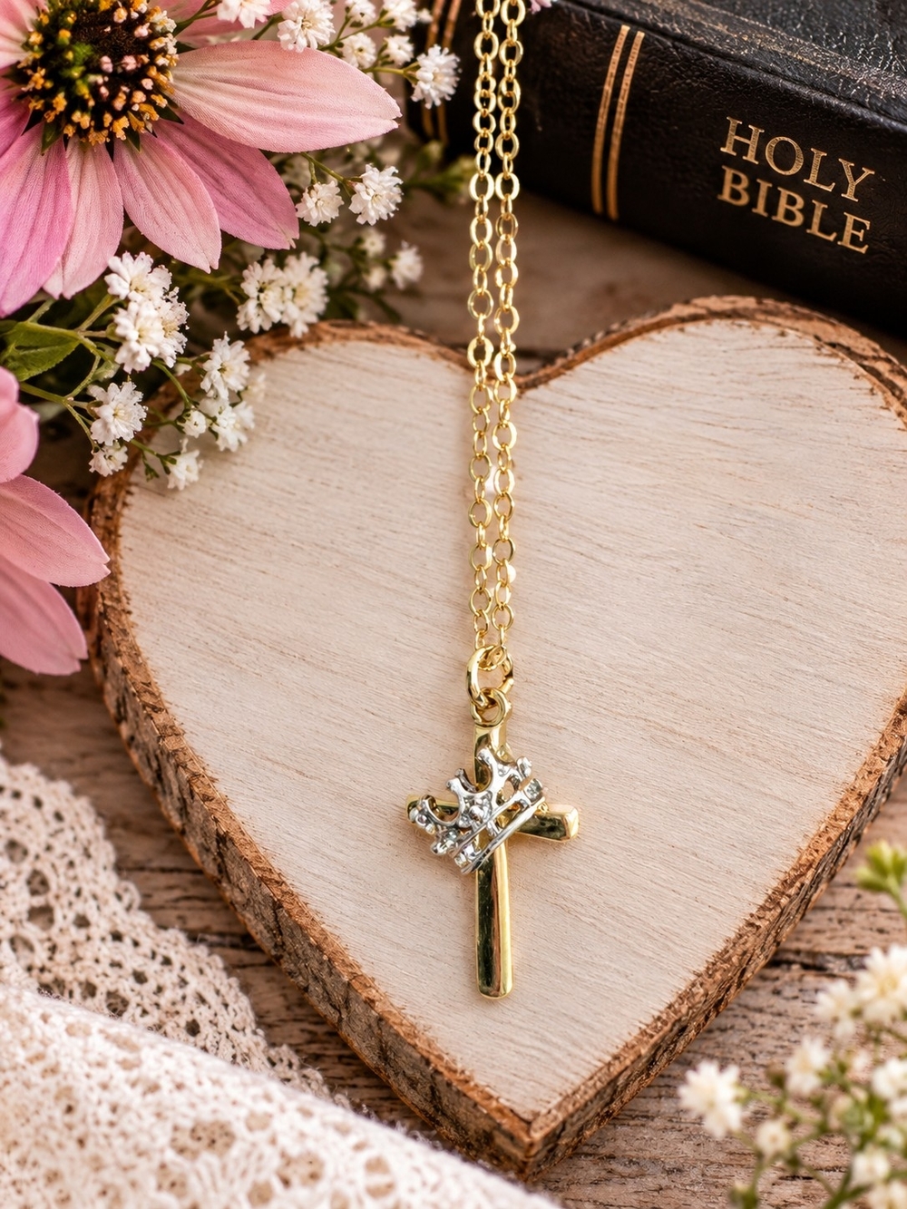 Gold Cross Pendant Necklace with Crown Accent - Women Jewelry